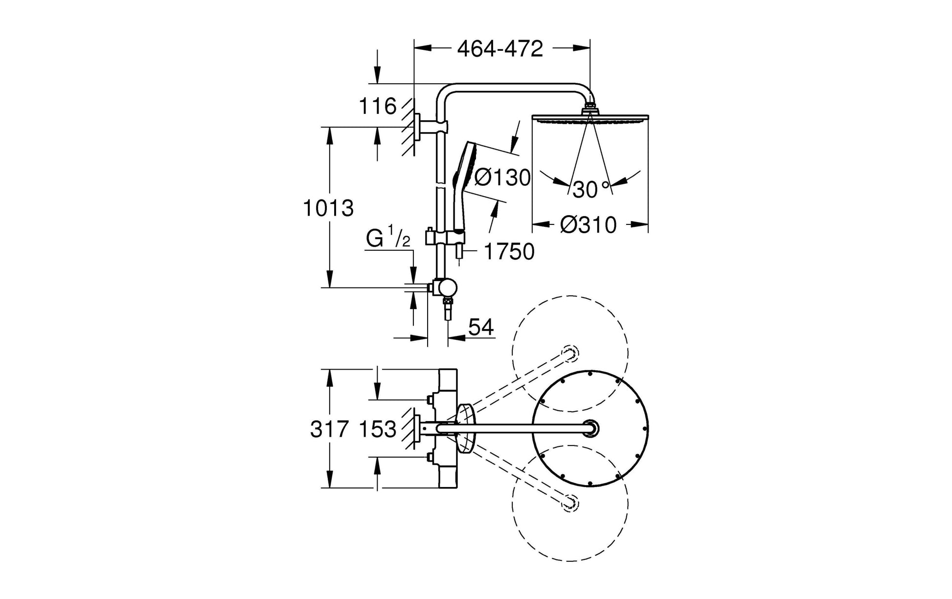 GROHE Duschsystem Rainshower System 310 – Schlauch 175 cm, Messing, Thermostat, Wandmontiert, Chrom