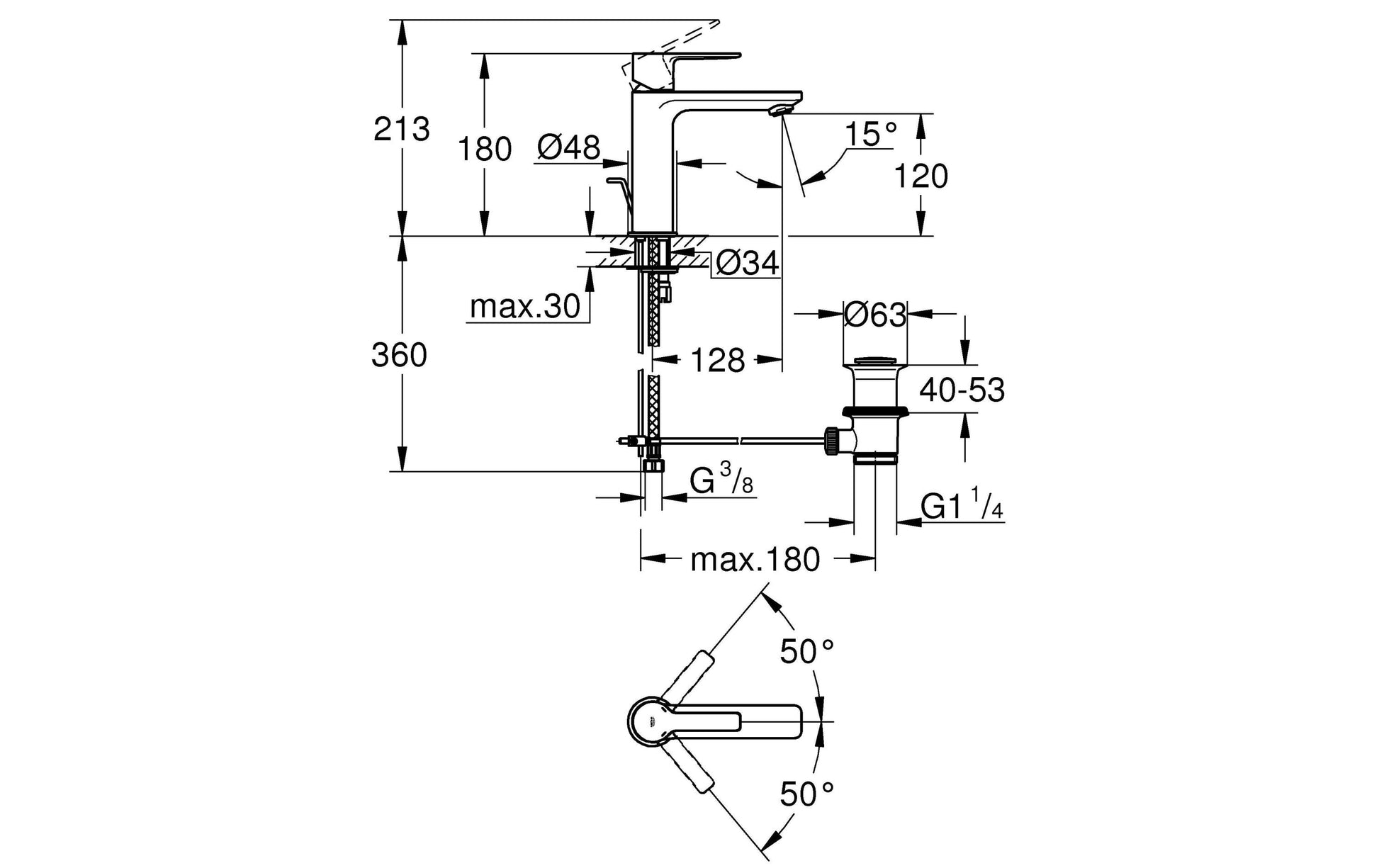 GROHE Lineare Einhand-Waschtischbatterie S – Anschluss 1/2", Höhe 70 mm, Chrom, für Waschbecken