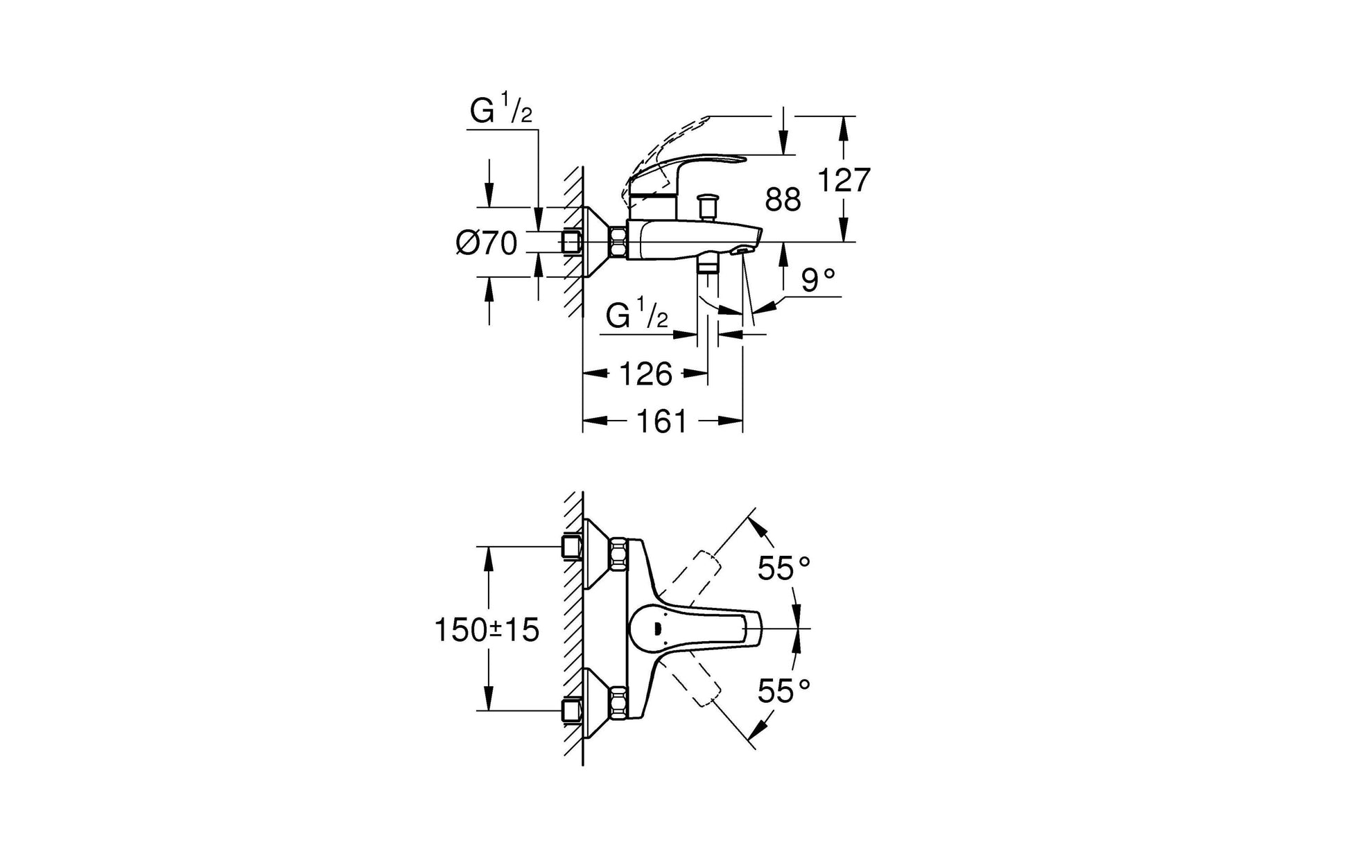 GROHE Eurosmart Einhebel-Wannenbatterie – Anschluss 1/2", H 160 mm, Messing, Chrom, für Badewanne & Dusche