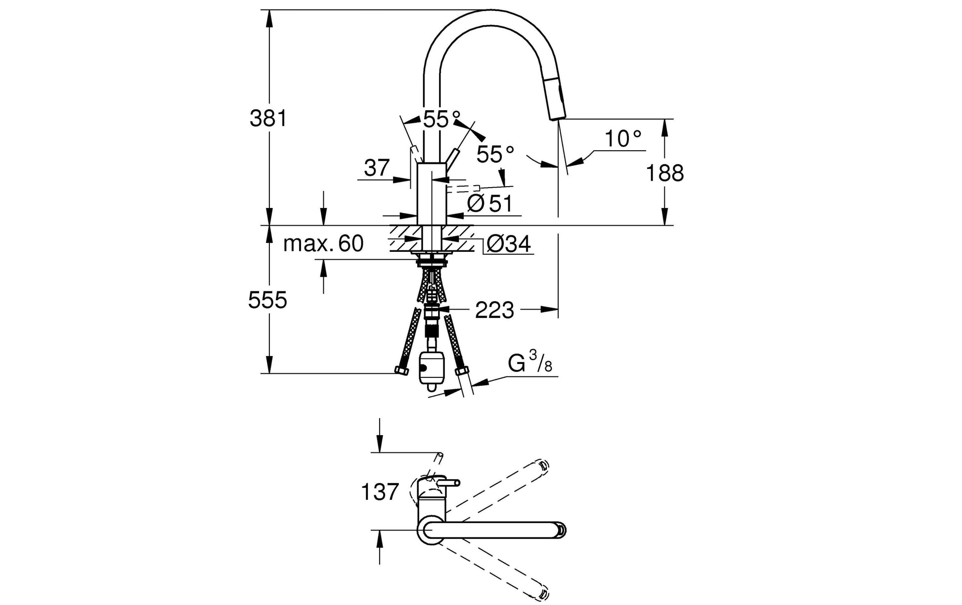 GROHE Einhebelmischer Concetto – 20×36×11 cm, Messing, Standmontage, Chrom