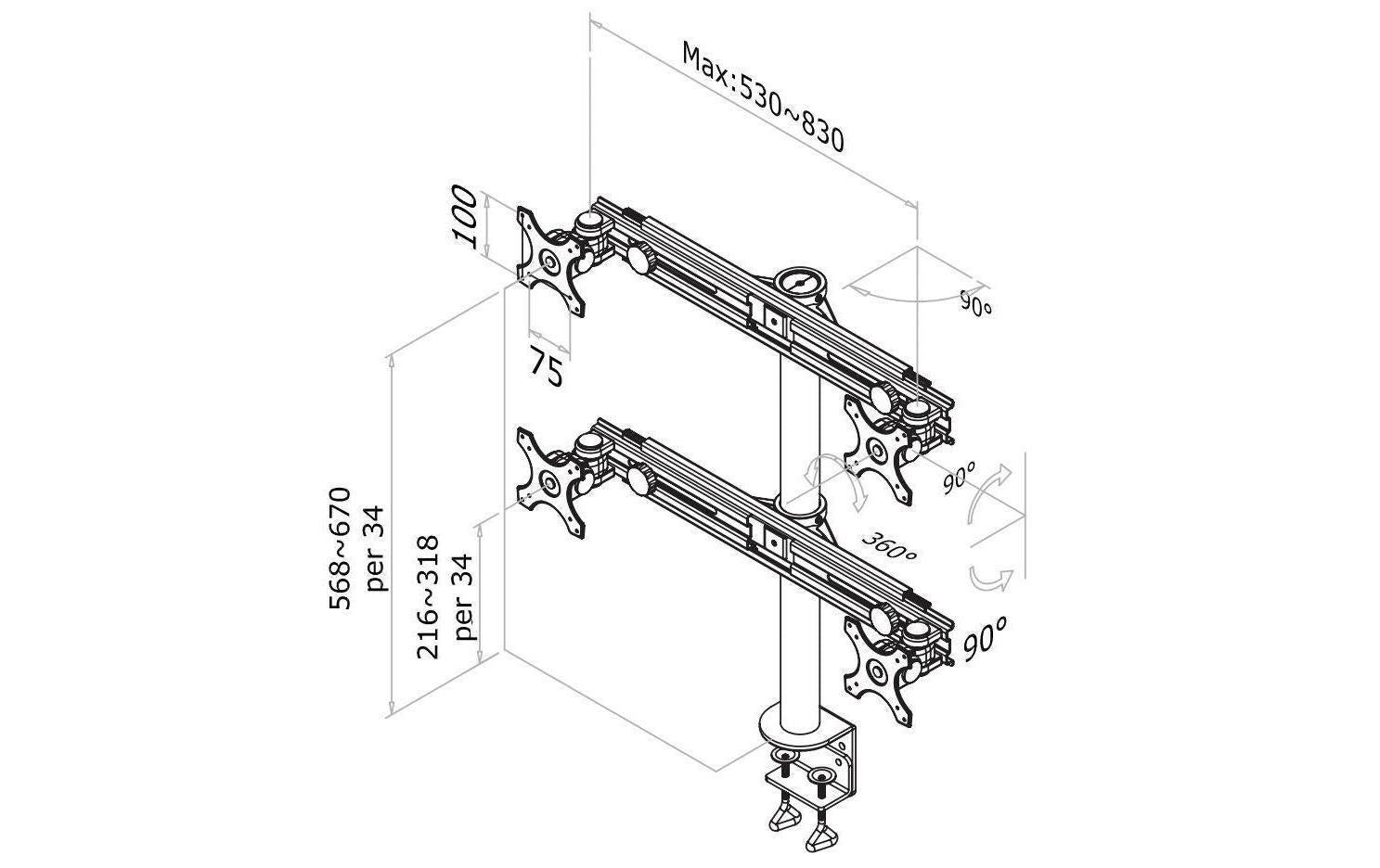 Neomounts FPMA D700D4 – Tischhalterung, Quad, Tischklemme, bis 30", VESA 75 × 75 mm, 32 kg, neigbar, schwarz
