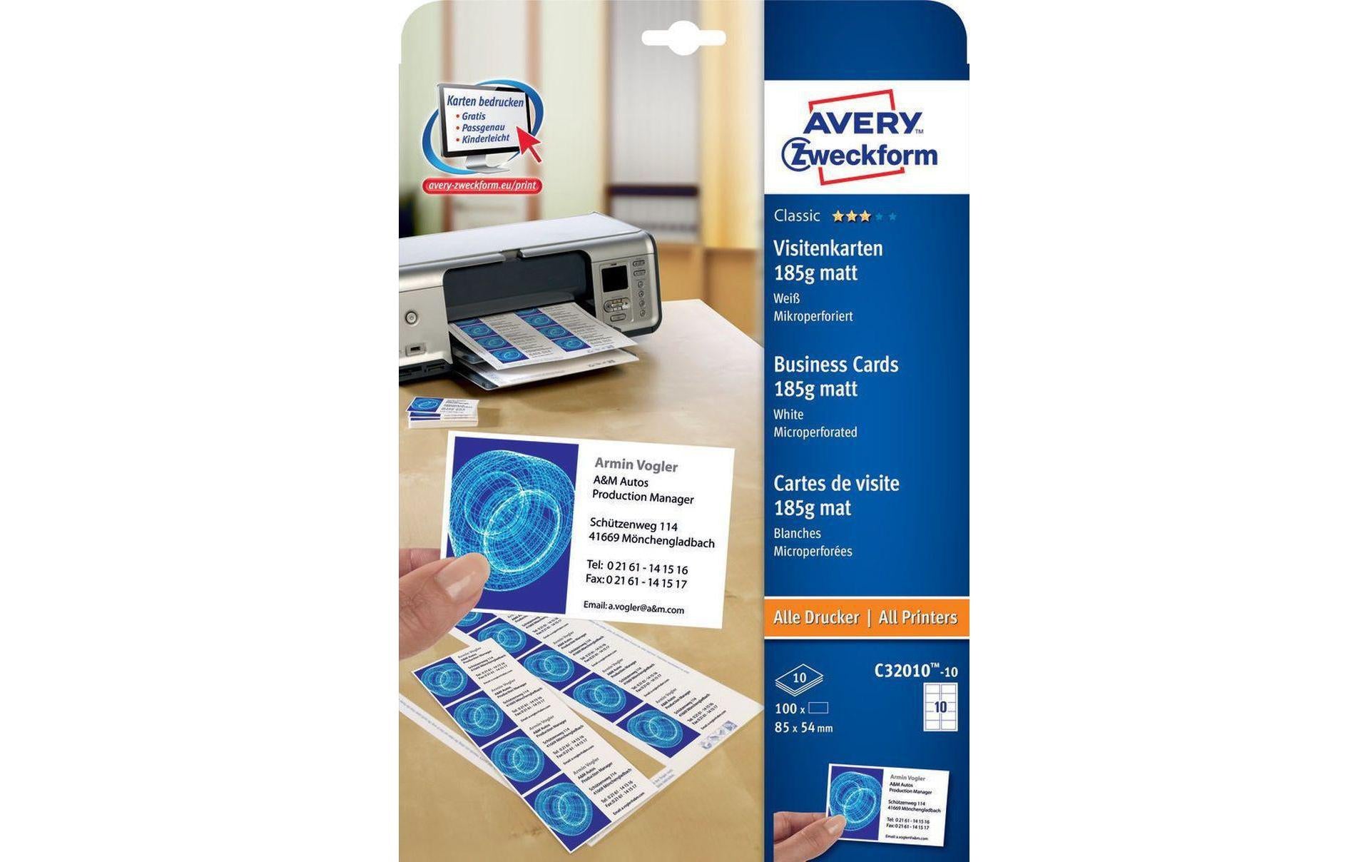 AVERY Zweckform Visitenkarten – 85 × 54 mm, matt, 185 g/m², für Inkjet/Laser, 100 Karten