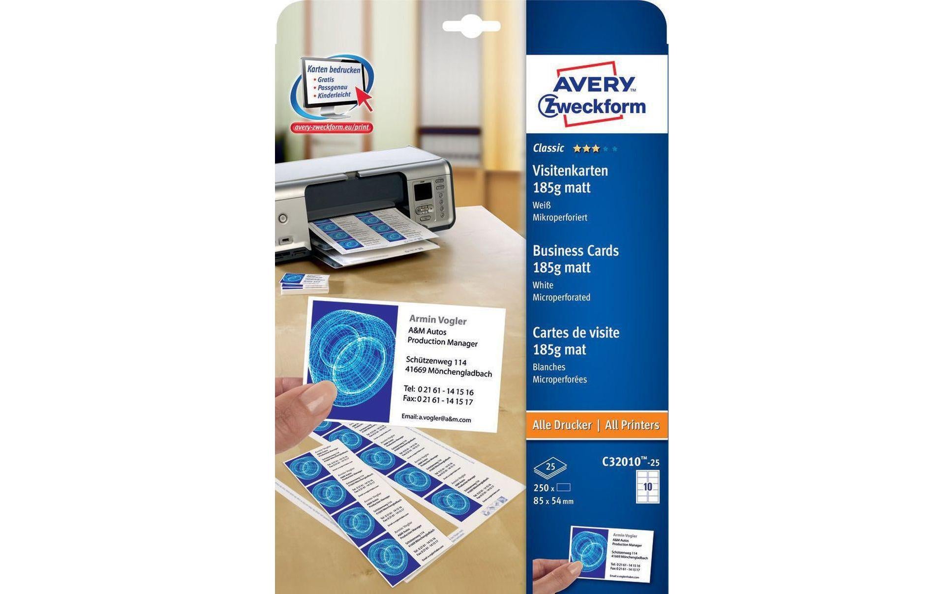 Avery Visitenkarten, 85 × 54 mm – A4, 10 pro Blatt – 250 Karten – FSC-zertifiziert, beidseitig bedruckbar
