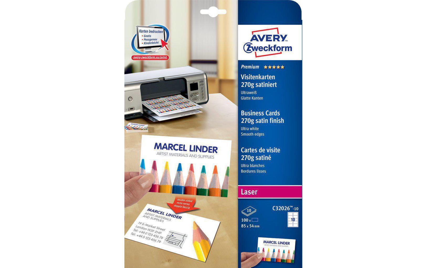 Avery Visitenkarten, 85 × 54 mm – A4, 10 pro Blatt – 100 Karten – FSC-zertifiziert, beidseitig bedruckbar