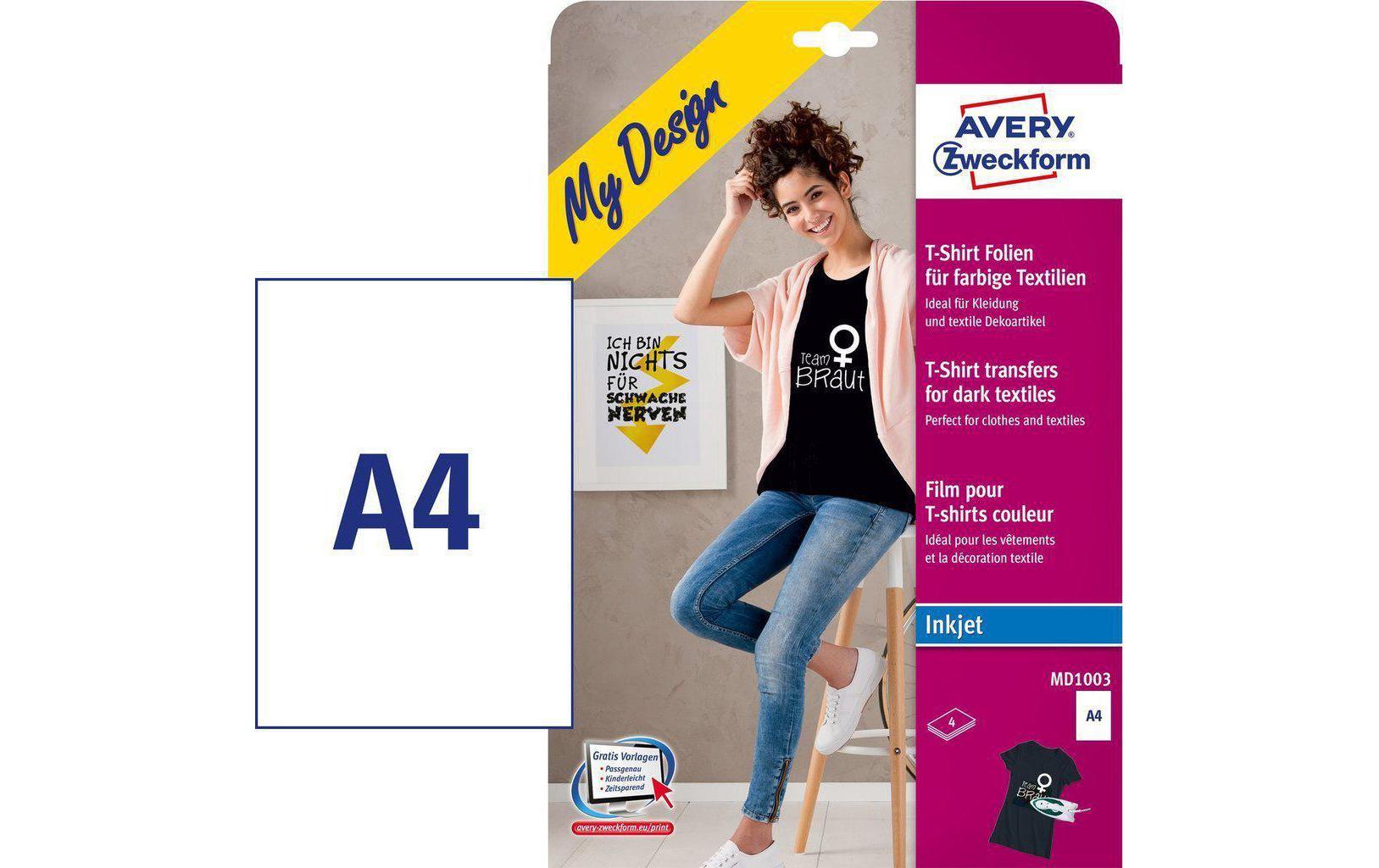 Avery Zweckform Transferpapier – für Inkjetdrucker, für dunkle Textilien, A4, waschbar bis 30 °C, 4 Blatt