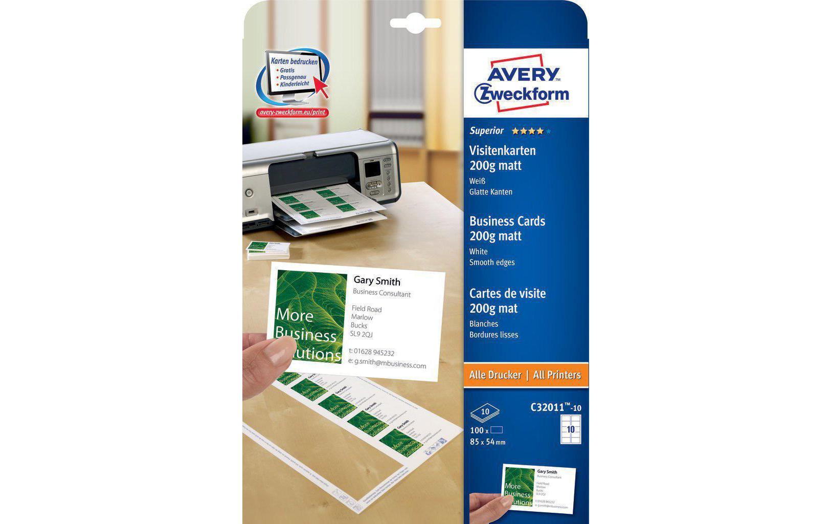 Avery Visitenkarten, 85 × 54 mm – für Laser/Inkjet/Kopierer – A4, 10 pro Blatt – 100 Karten – FSC-zertifiziert