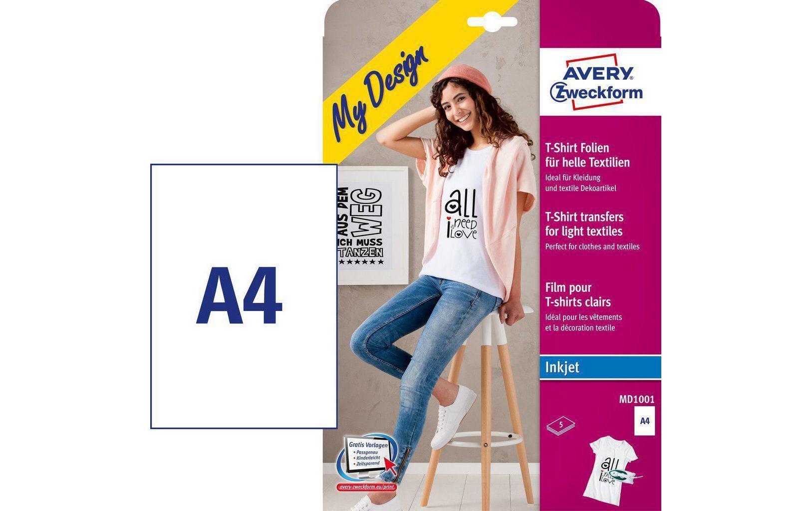 Avery Zweckform Bügelfolie – für Inkjetdrucker, für helle Textilien, A4, waschbar bis 30 °C, 5 Blatt