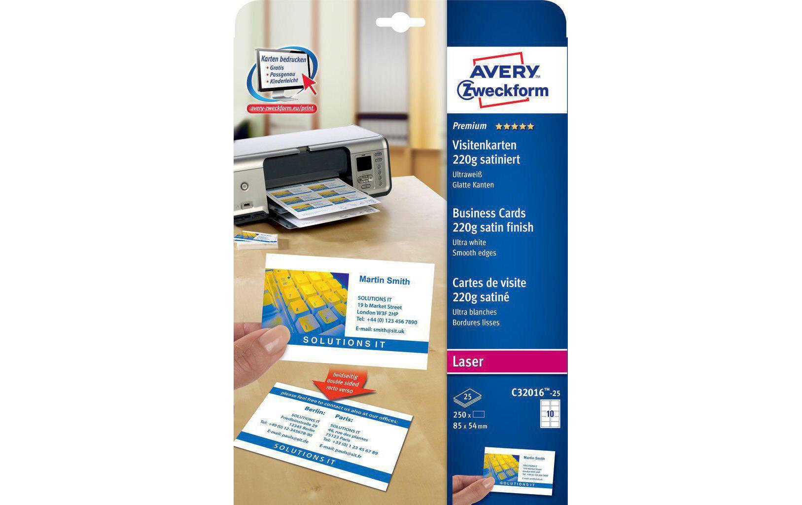 Avery Visitenkarten, 85 × 54 mm – A4, 10 pro Blatt – 250 Karten – FSC-zertifiziert, beidseitig bedruckbar