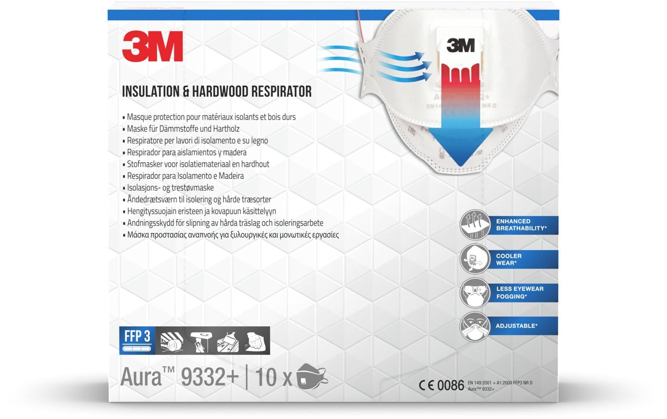 3M Atemschutzmaske FFP3 9332+ – Einheitsgrösse – Weiss – 10 Stk. – EN 149