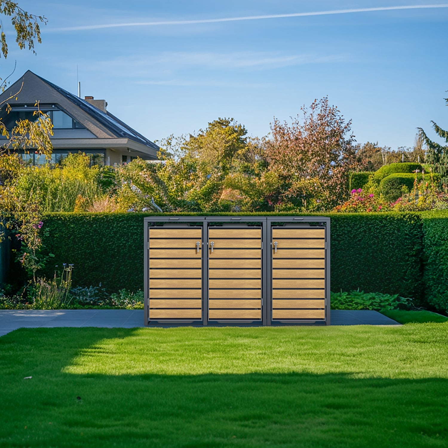 Phoenix Safe Co. Müllcontainer – Stahl, rechteckig – Anthrazit/Eiche – 3-türig, Soft-Close – 200 × 80 × 116 cm