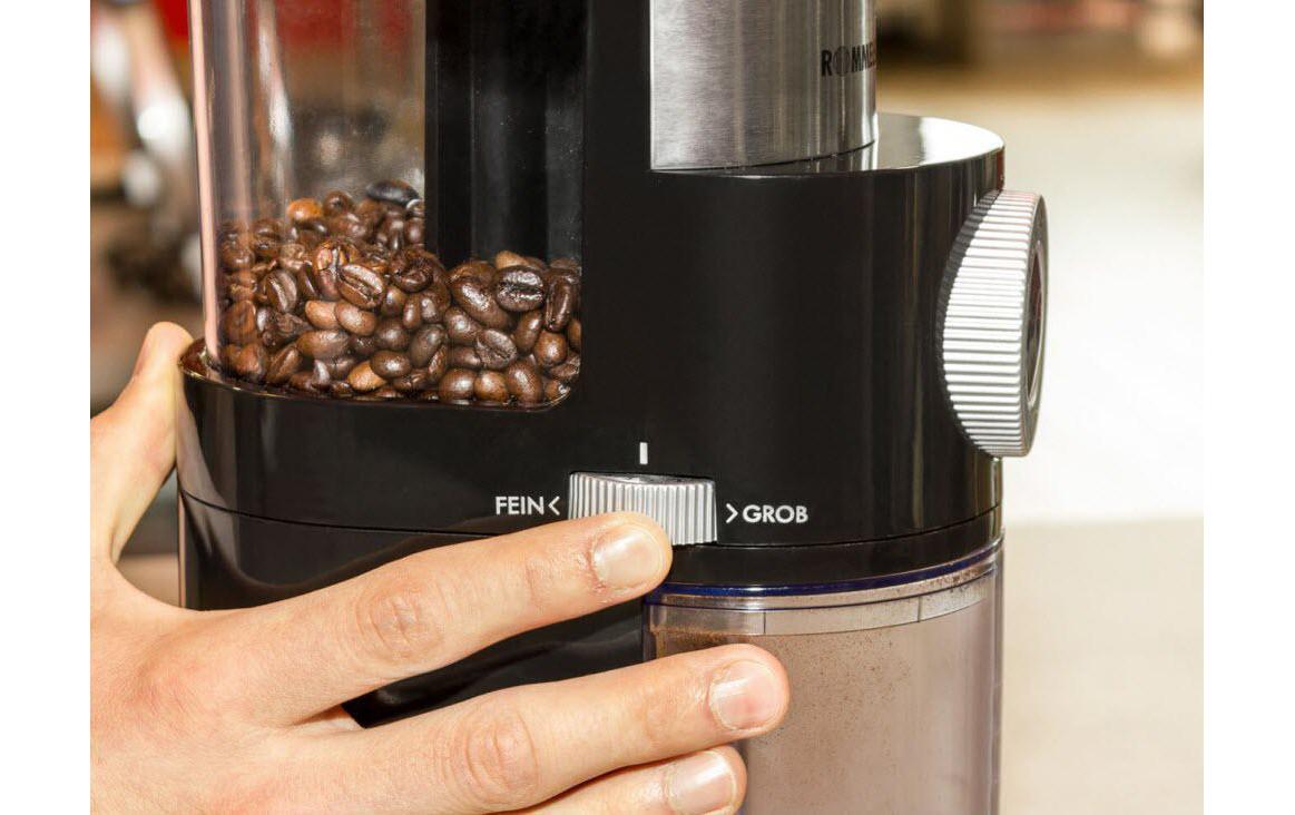 Rommelsbacher Kaffeemühle EKM 200 – Scheibenmahlwerk, 250 g, 110 W, Schwarz
