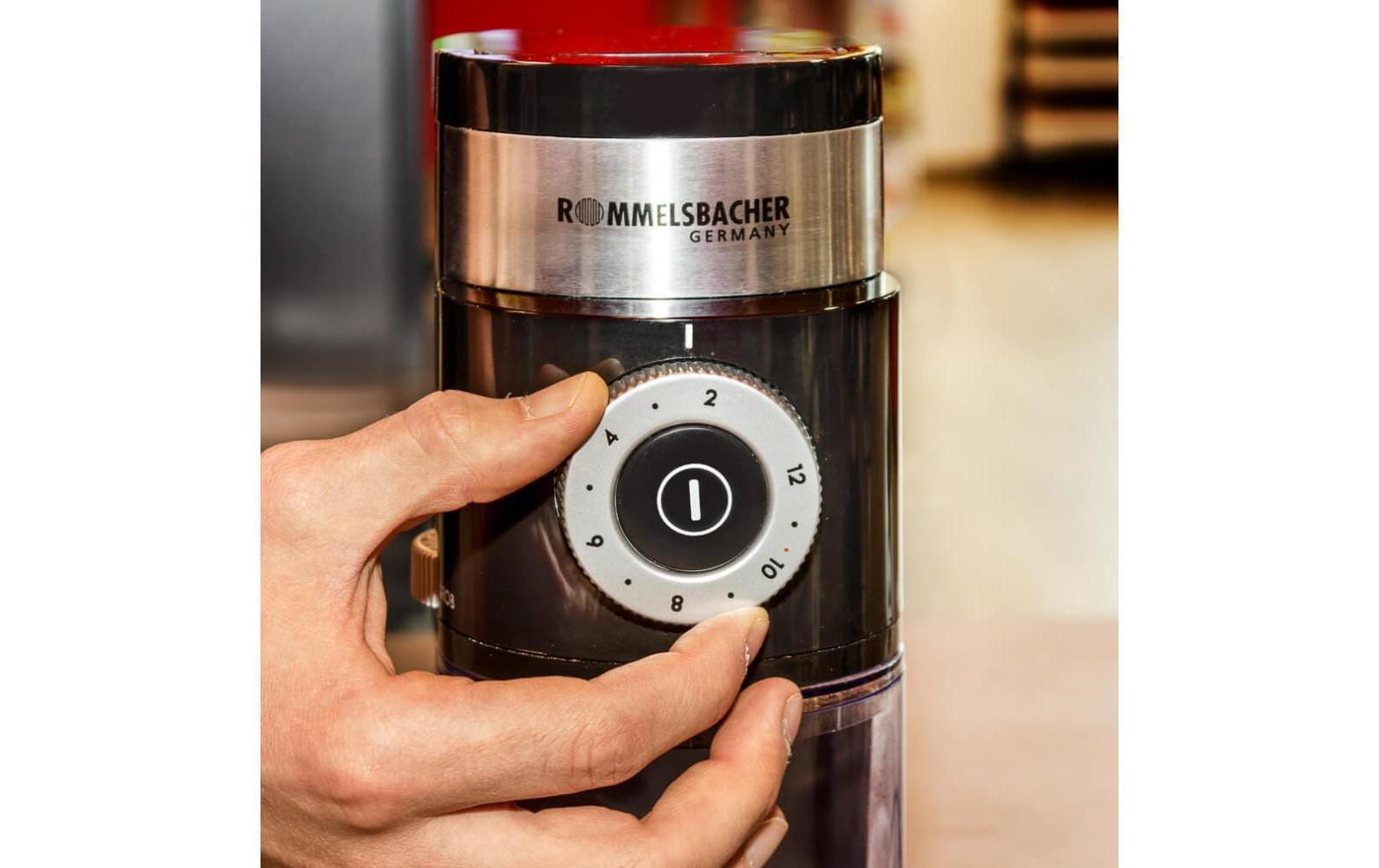 Rommelsbacher Kaffeemühle EKM 200 – Scheibenmahlwerk, 250 g, 110 W, Schwarz