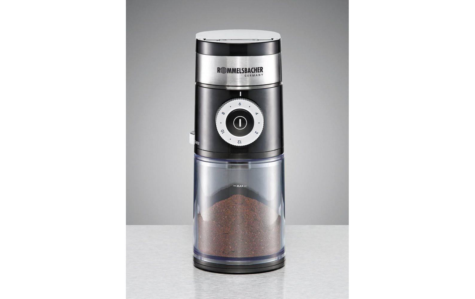 Rommelsbacher Kaffeemühle EKM 200 – Scheibenmahlwerk, 250 g, 110 W, Schwarz