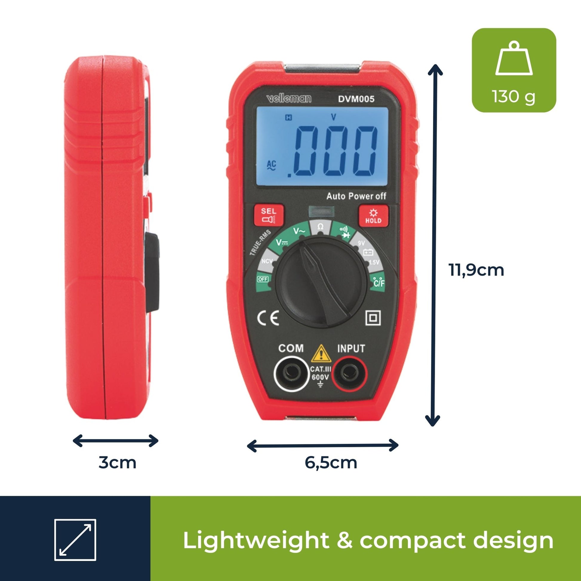 Velleman 473500 – Multimeter – 0,1–20 MΩ, CAT III 600 V, berührungslose Wechselspannungserkennung