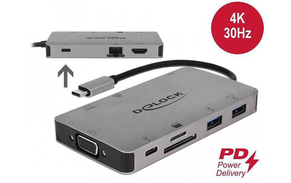 DeLOCK 87735 Dockingstation – USB-C, 1× HDMI, 1× VGA, 2× USB-A, GbE, SD, für Windows/Mac/Linux
