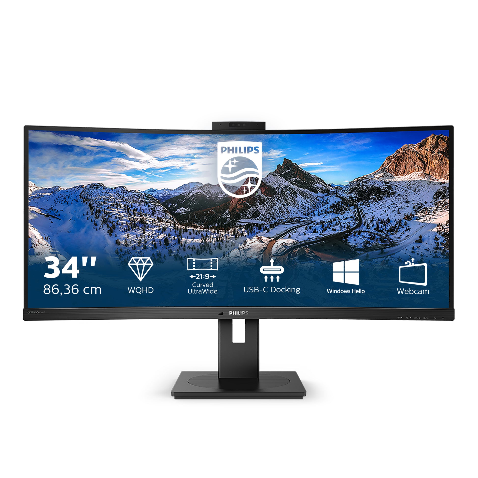Philips 346P1CRH – Monitor, 34", 100 Hz, 500 cd/m², USB-C, Daisy Chain, KVM, Webcam, VESA 100 × 100, Schwarz