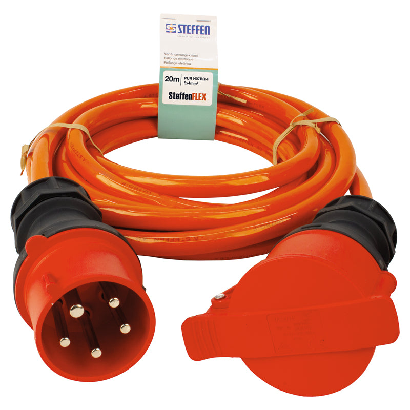 Steffen Verlängerungskabel, T12–T13, 20 m, IP44, 4 mm², halogenfrei, UV-beständig, PUR-Mantel – Orange