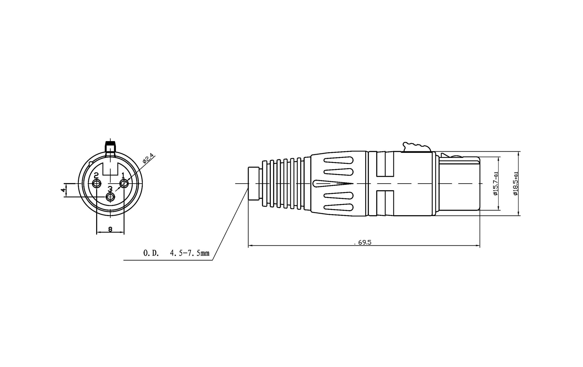 Bemero BC1001NI-F – XLR-Stecker – 3-pol XLR, weiblich, gerade – 69,5 mm – Nickel