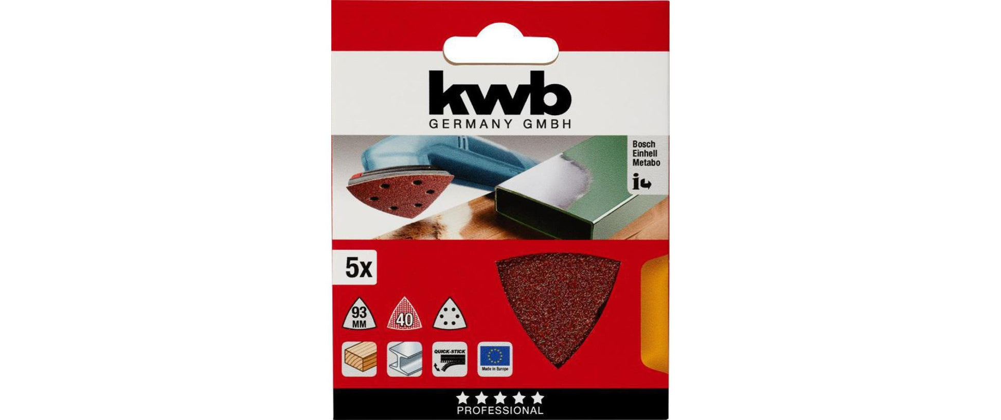 kwb Delta-Haftscheiben 93 mm – 2×P40/1×P120/2×P240 – 5 Stk – für Lackoberflächen