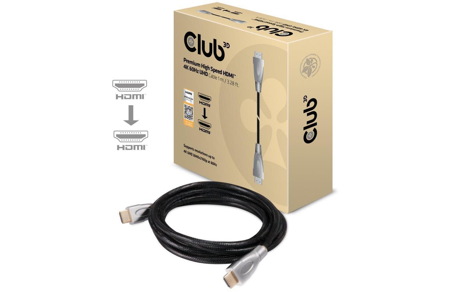CLUB3D HDMI Kabel HDMI 2.0 4K 60 Hz – 1 m – Schwarz/Silber