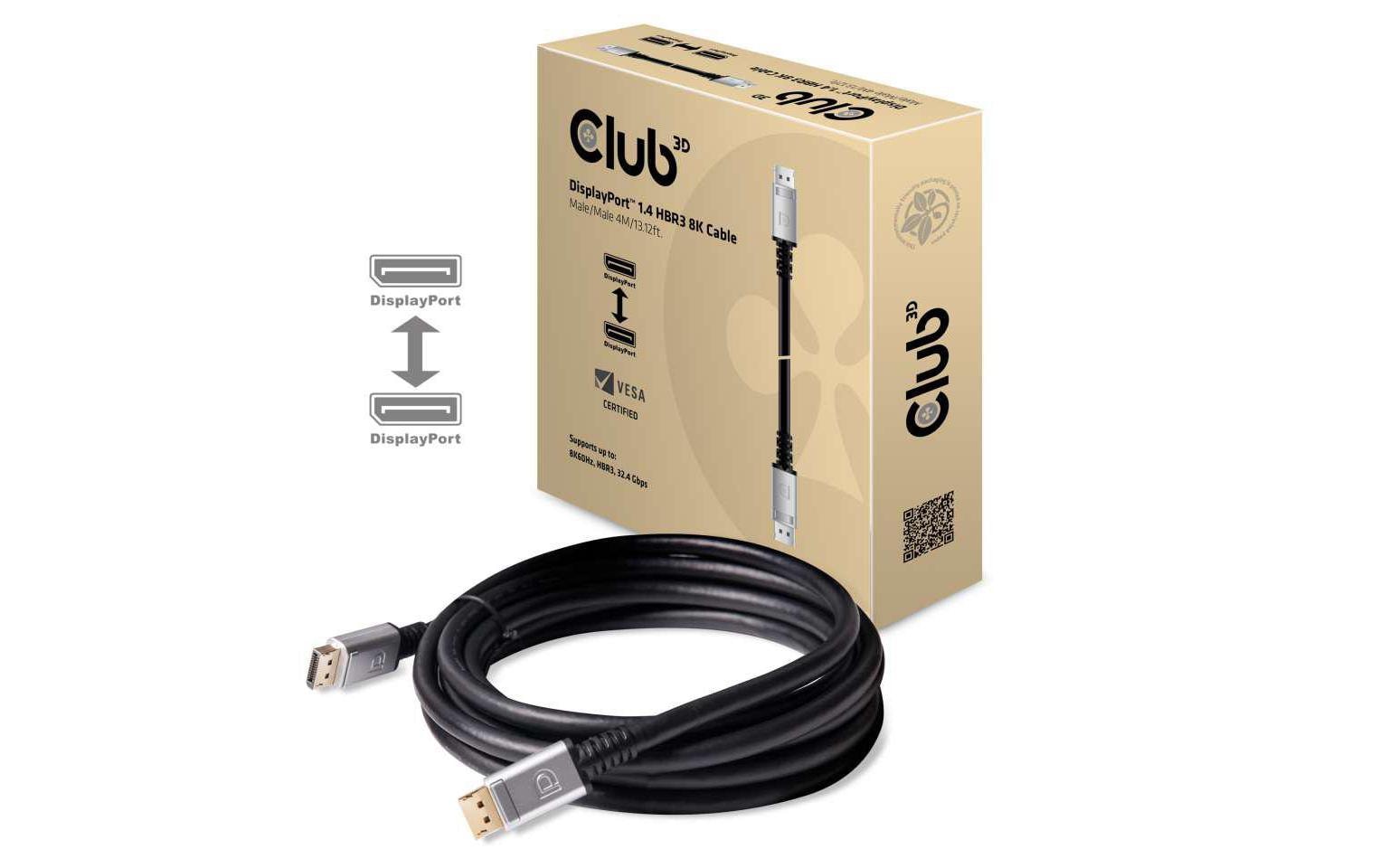 CLUB3D Club 3D DisplayPort Kabel DP 1.4 8K 60 Hz – 4 m – verriegelbar – Schwarz/Silber