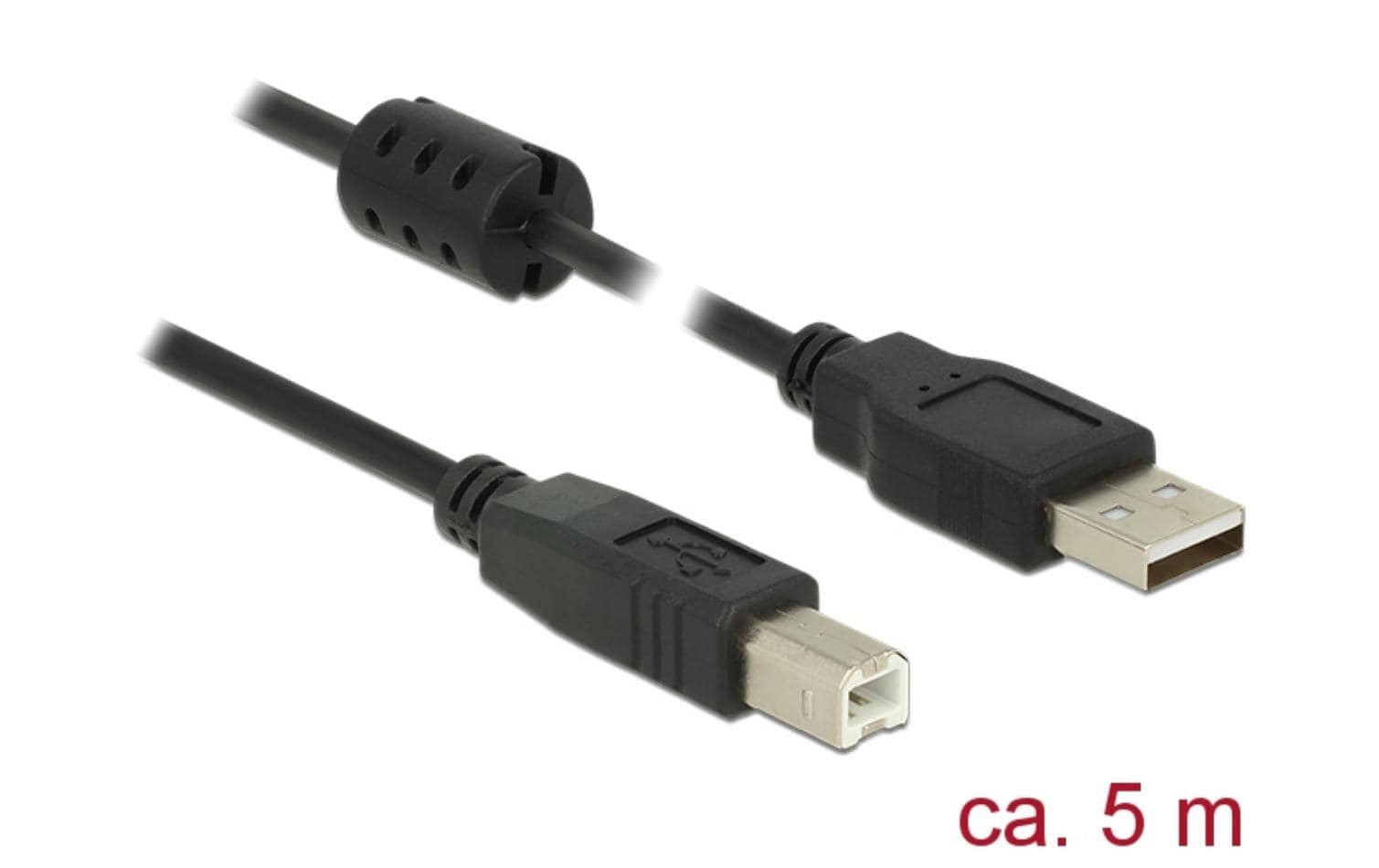 DeLOCK USB-A auf USB-B Kabel – USB 2.0 (480 Mbit/s) – 5 m – Mit Ferritkern – Schwarz