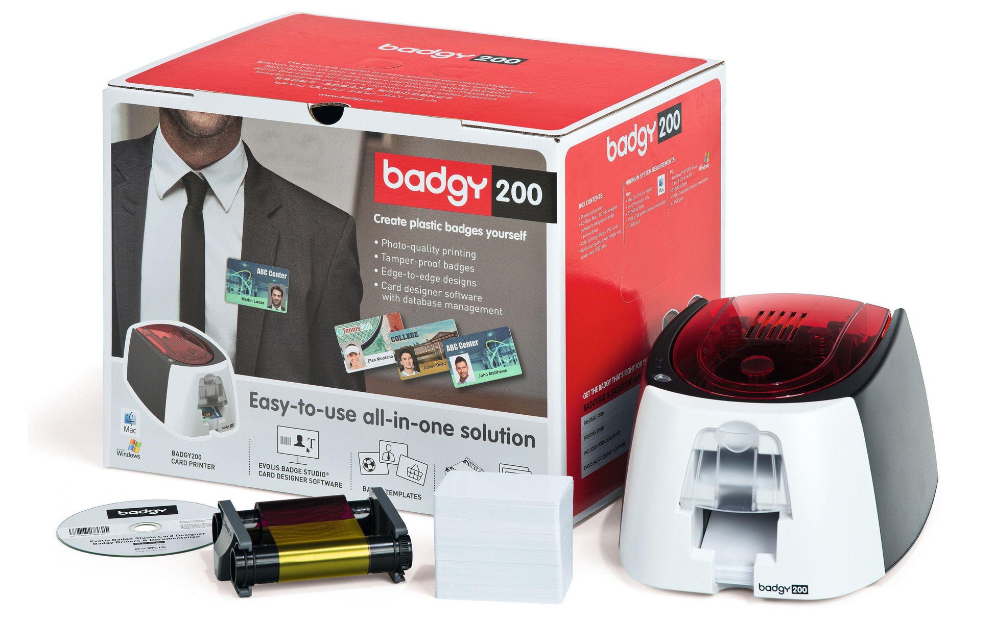 Evolis Badgy 200 – Kartendrucker, Thermosublimation, 260 × 300 dpi, für PVC-Karten 85,6 × 54 mm, USB