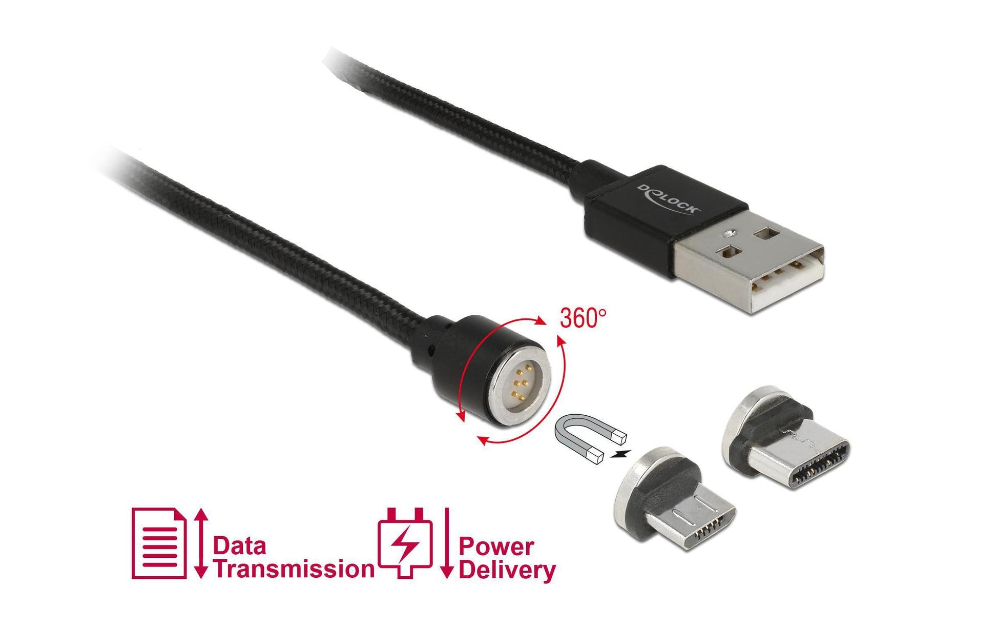 DeLOCK USB-A auf Micro-USB-B Kabel – USB 2.0 (480 Mbit/s) – 1,1 m – Magnetisch, Textilmantel – Schwarz