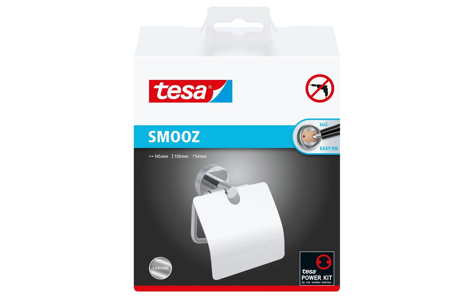TESA Smooz – Toilettenpapierhalter – chrom, klebend, wandmontiert, mit Deckel, 14,5 × 5,4 × 13 cm