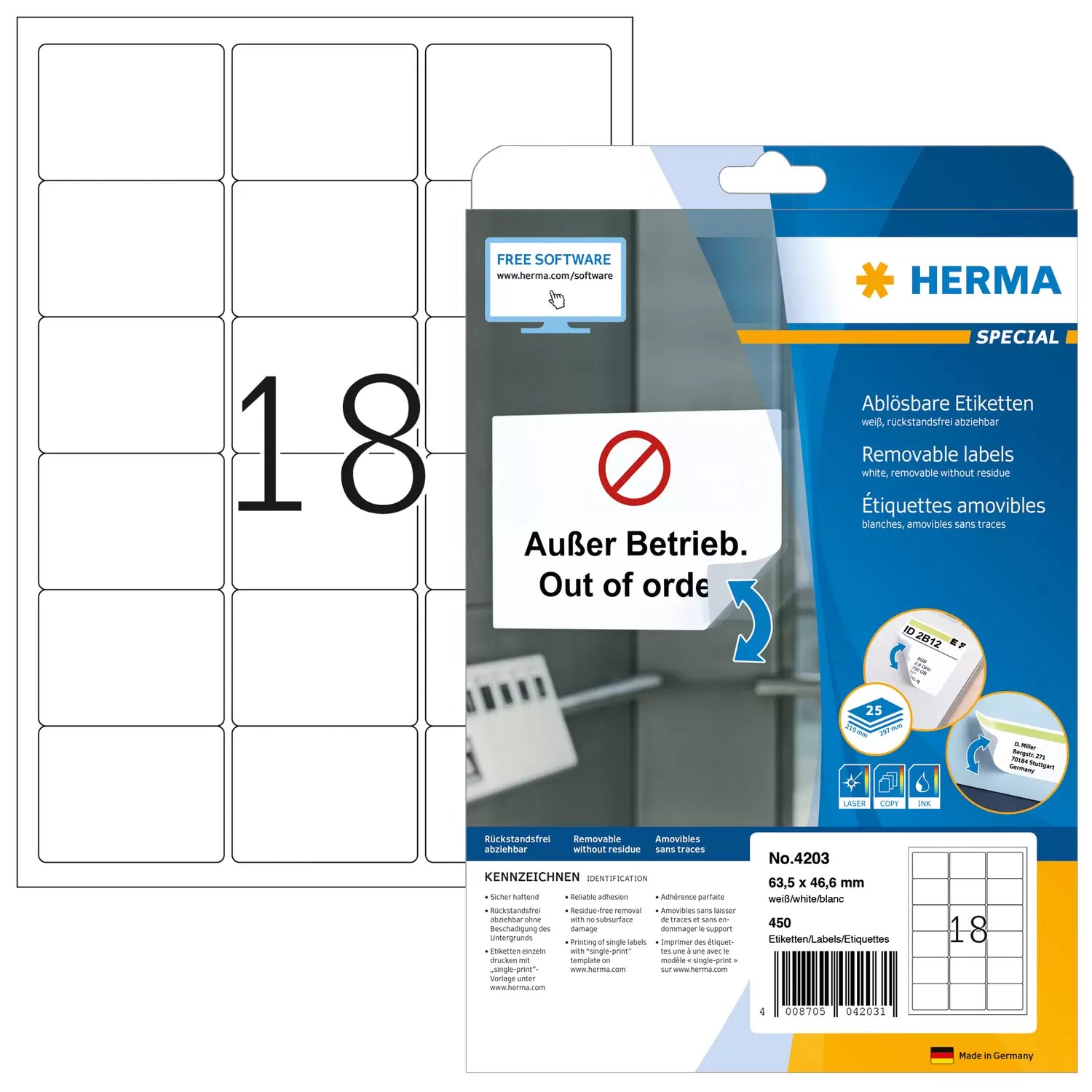 HERMA Druckeretiketten, 64 mm × 47 mm, weiss, Papier, ablösbar, 25 Blätter (450 Etiketten)