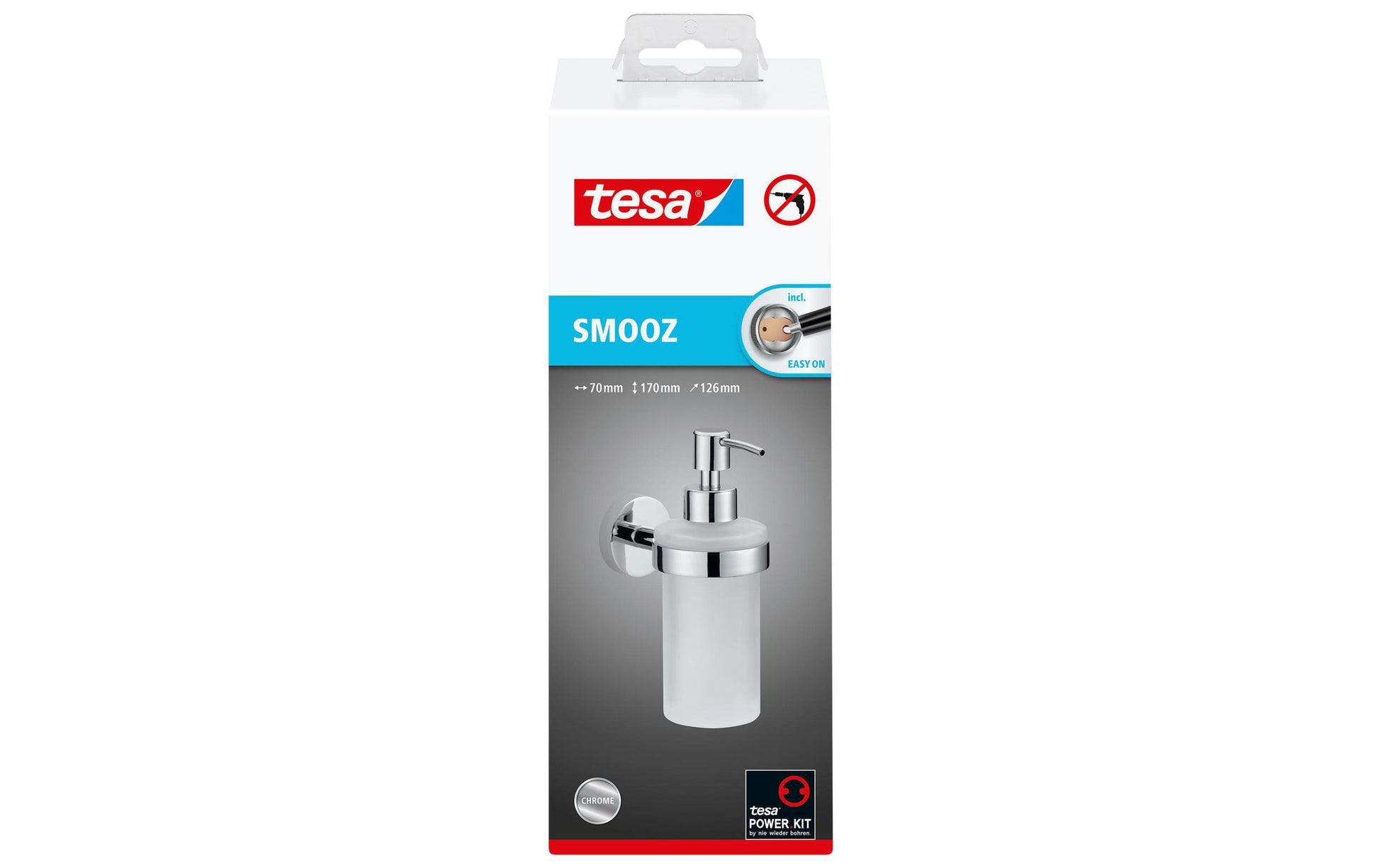 TESA Smooz – Seifenspender, 200 ml, für Seife und Desinfektionsmittel, Wandmontage, Glas, Weiss