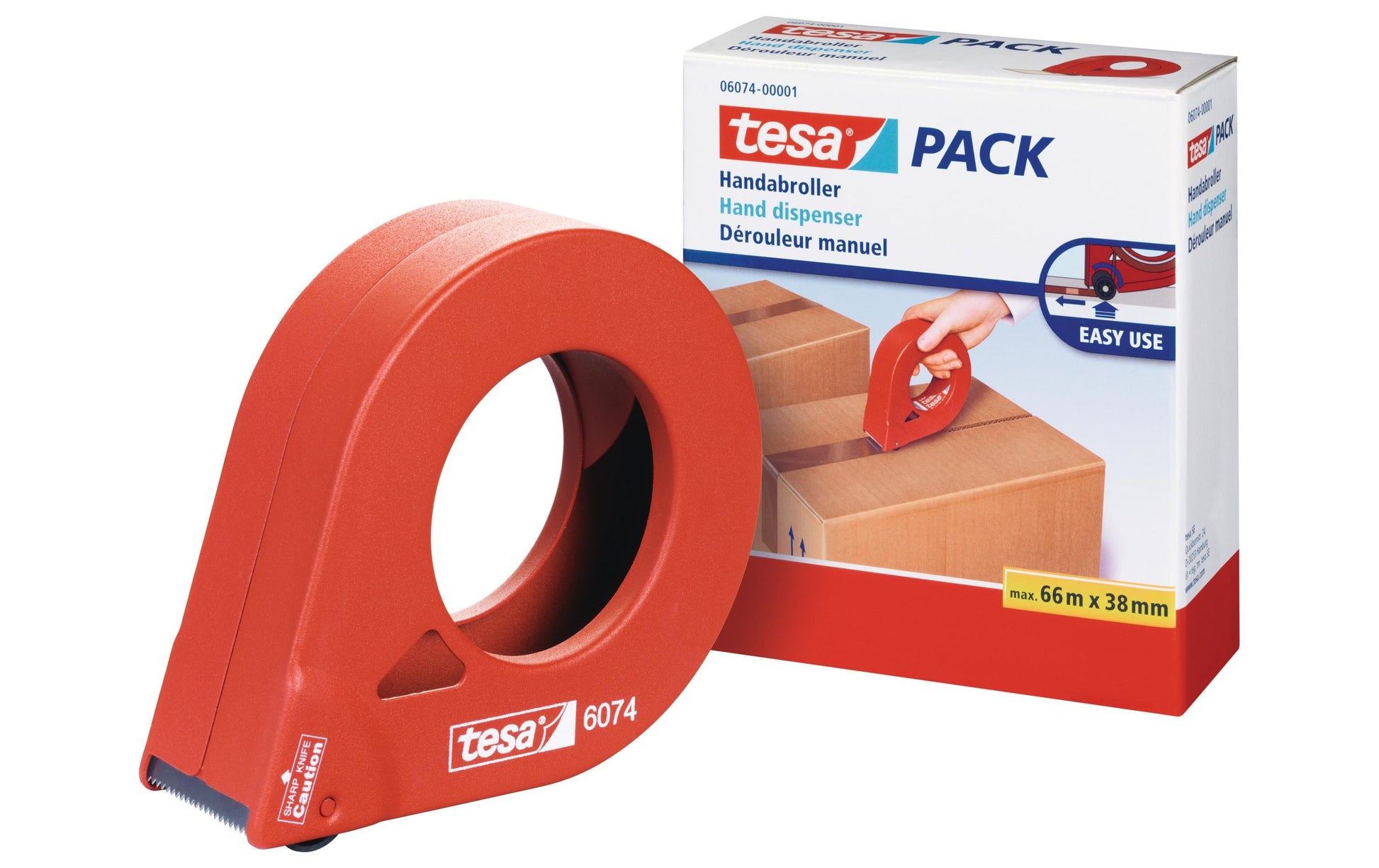 tesa Verpackungsbandabroller – für Rollenbreite bis 38 mm, für Bandlänge bis 66 m, mit Bremse, Metallmesser
