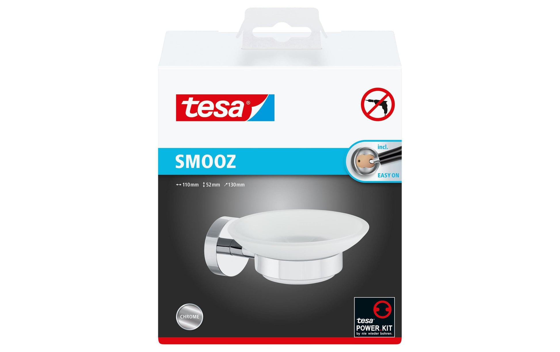 TESA Seifenhalter SMOOZ – Glas/Edelstahl, Wandmontiert, 11×13×5,2 cm, Weiss