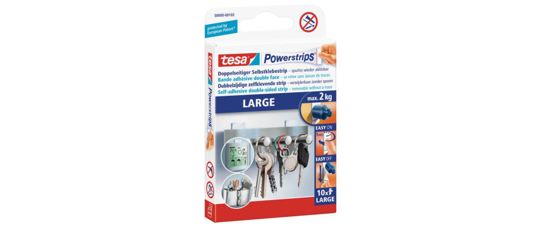 TESA Powerstrips Grosse Montagestreifen – für diverse Oberflächen, weiss, bis 2 kg, 10 Stk., Innen