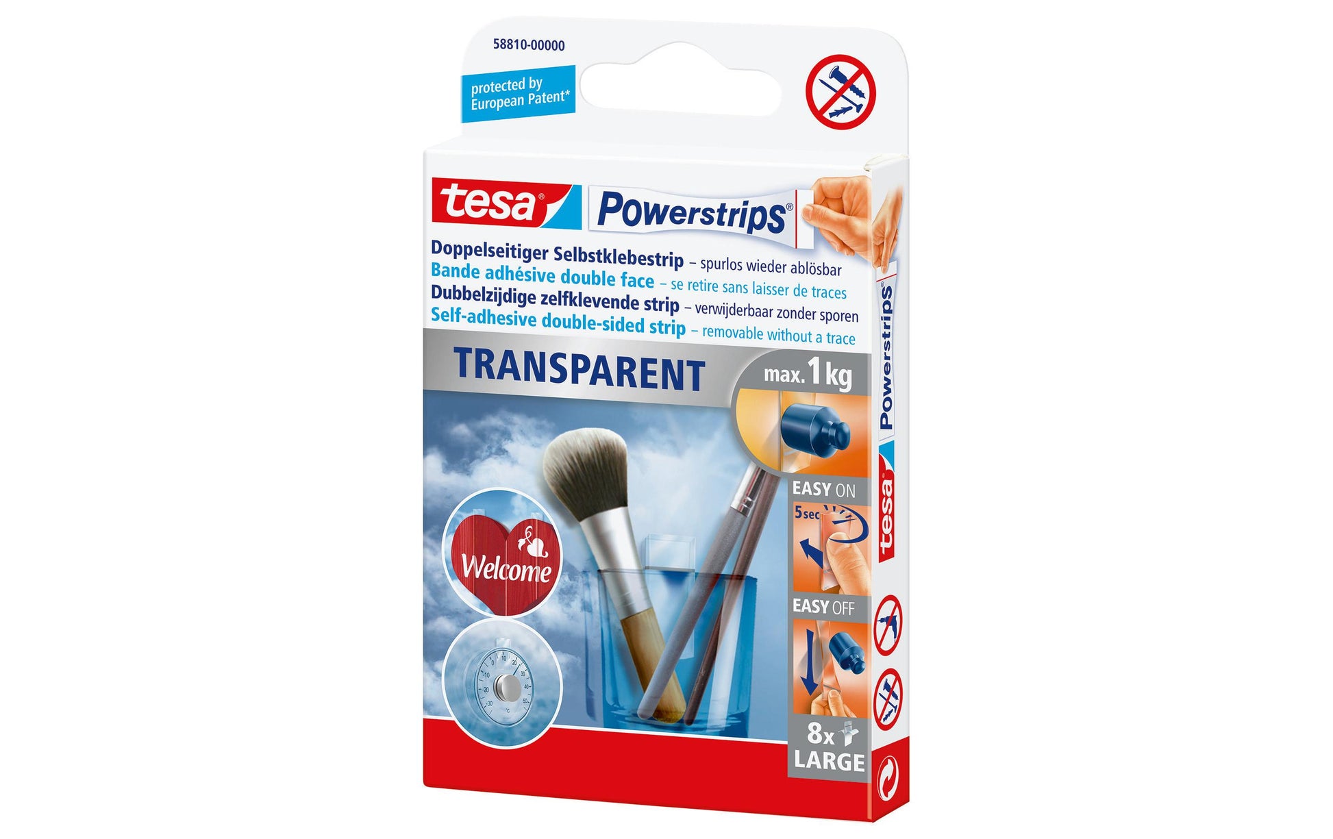 Tesa Montageband Powerstrips, für Spiegel – transparent, bis 1 kg