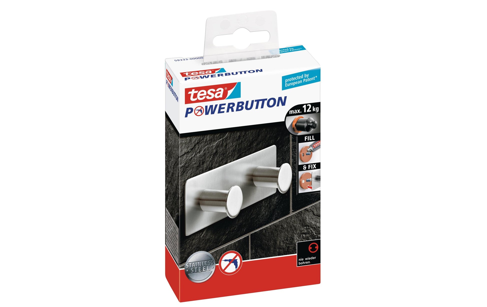 TESA Powerbutton Doppelhaken – Edelstahl, 12 kg, Klebestreifen (ablösbar), 10,9 cm