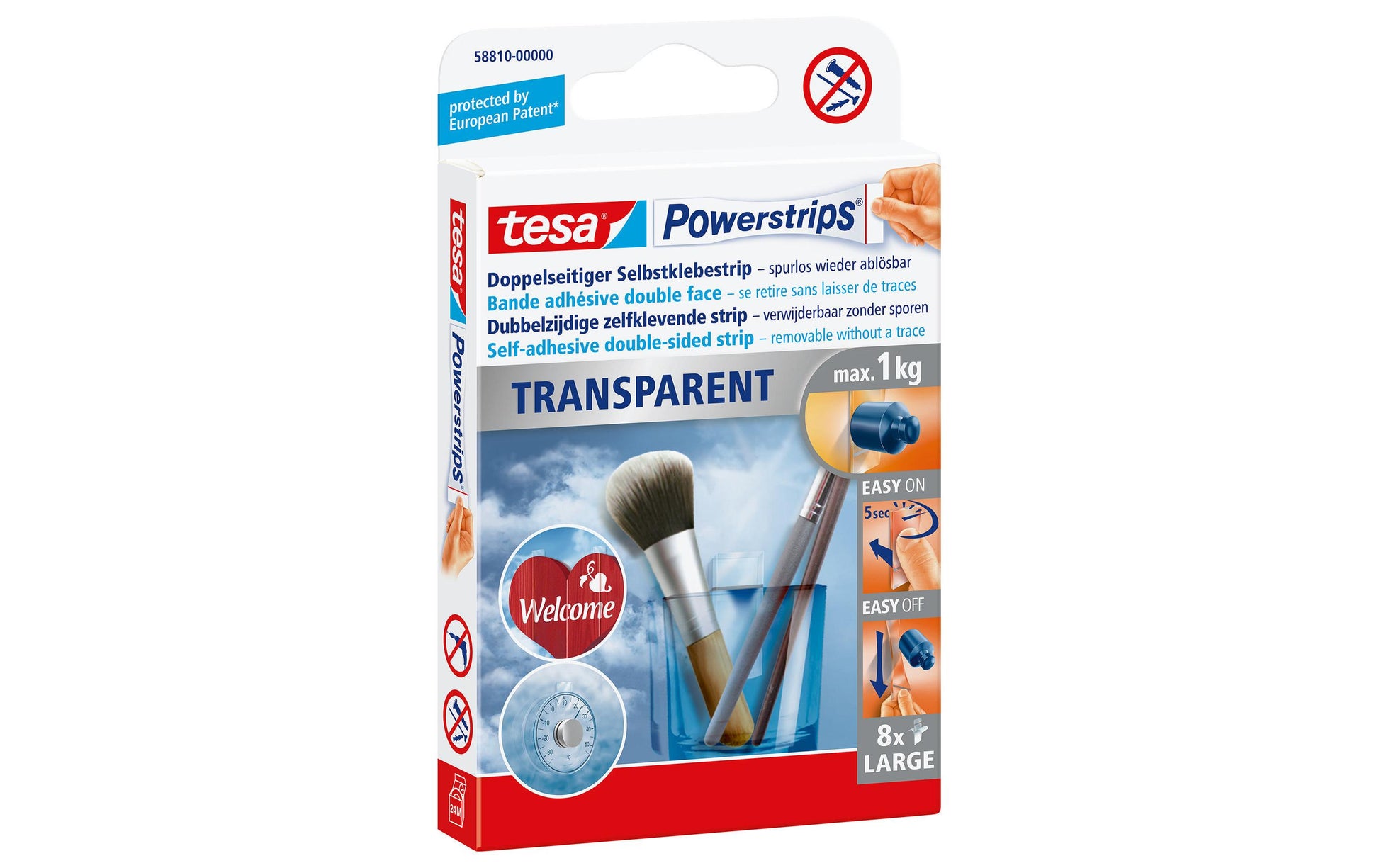 Tesa Montageband Powerstrips, für Spiegel – transparent, bis 1 kg