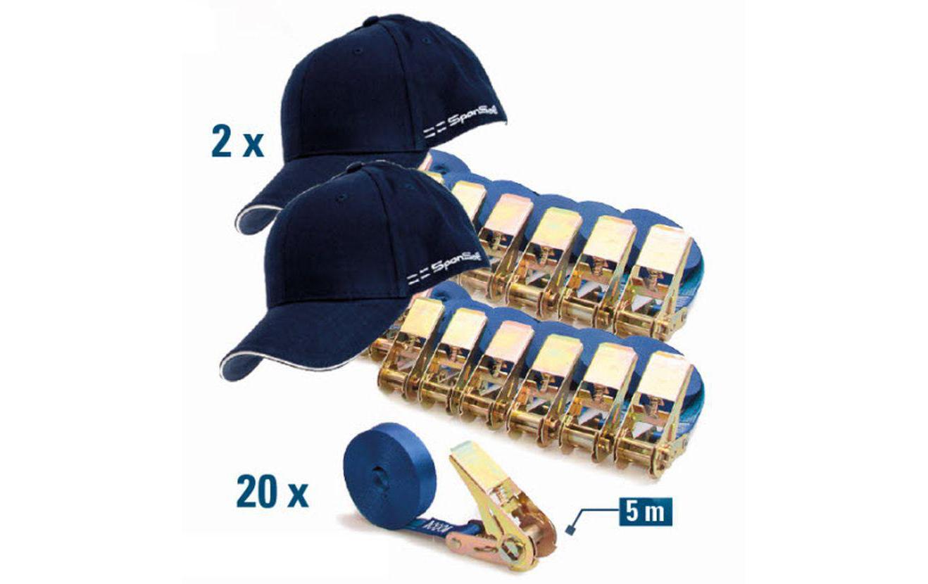 SpanSet – Schlaufenband 5000 × 25 mm, mit Schnalle, blau, für PKW, Zurrkraft 700 kg, 20 Stk.
