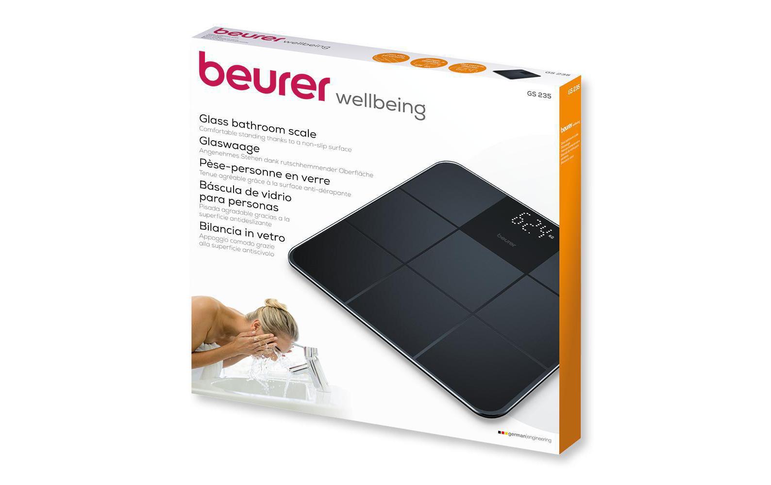 Beurer Personenwaage GS235 – 30×2,1×30 cm, Glas, 180 kg, Schwarz