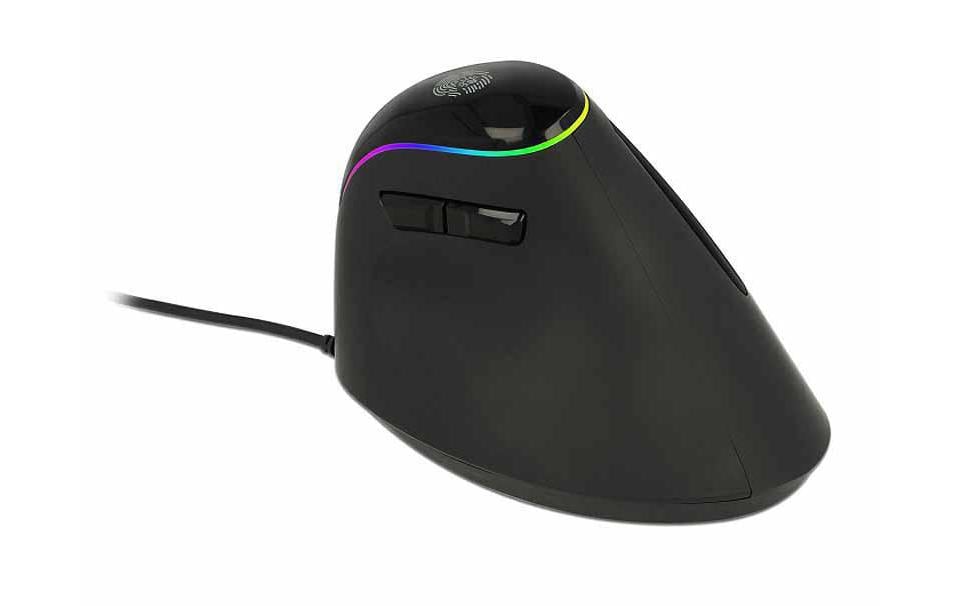DeLOCK 12597 Ergonomische Maus – kabelgebunden, vertikal, RGB-Beleuchtung, Daumentaste, schwarz