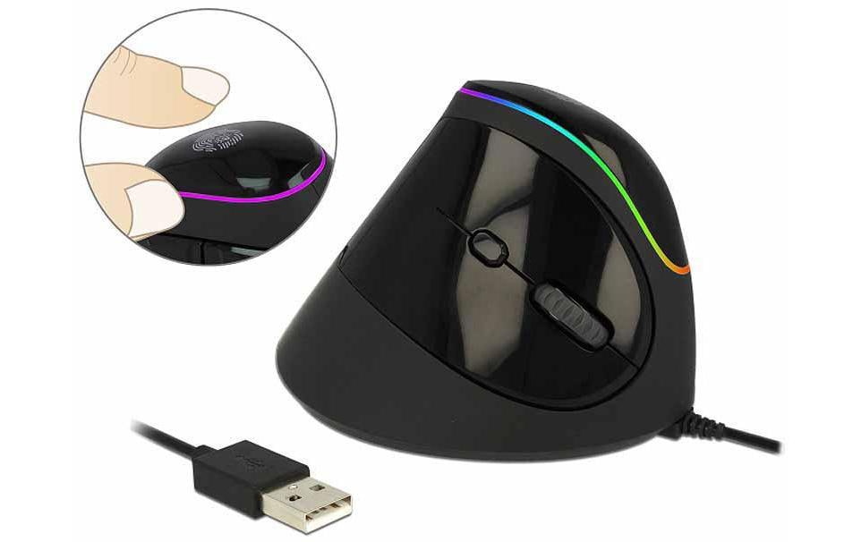 DeLOCK 12597 Ergonomische Maus – kabelgebunden, vertikal, RGB-Beleuchtung, Daumentaste, schwarz