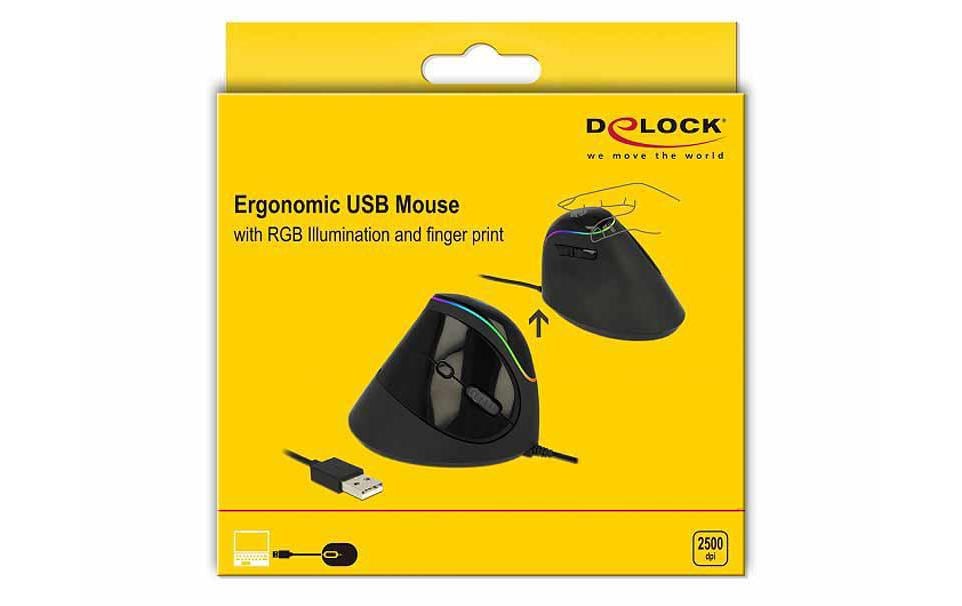 DeLOCK 12597 Ergonomische Maus – kabelgebunden, vertikal, RGB-Beleuchtung, Daumentaste, schwarz