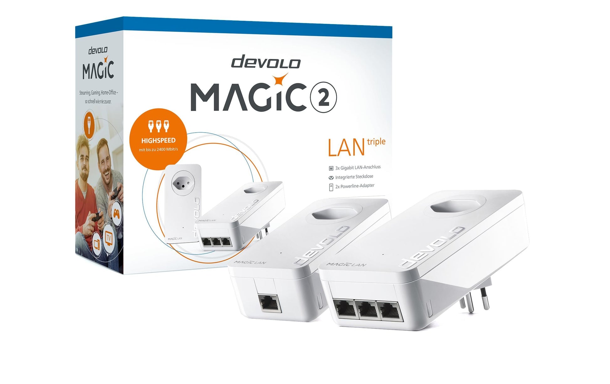 Devolo Magic 2 LAN – Powerline-Kit (2er-Set) – 2400 Mbit/s, 3× Gigabit-LAN + 1× Gigabit-LAN, Weiss