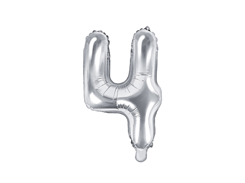 PartyDeco Folienballon Zahl 4 – Silber – 35 cm – Folie – 1 Stück – Auch mit Helium befüllbar
