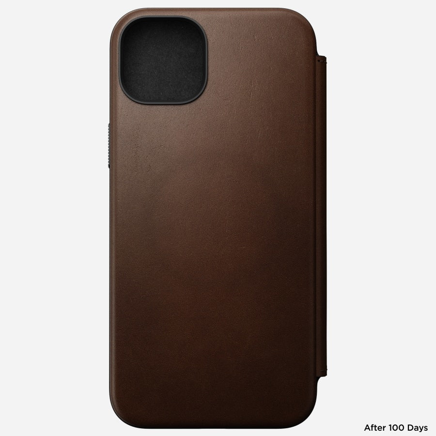 Nomad Booklet-Hülle – für Apple iPhone 15 Plus – Braun – Leder – MagSafe-kompatibel, mit Kartenfach
