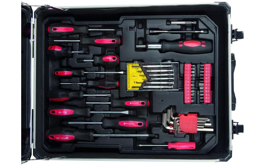 Toolland Werkzeugkasten, silber, Ausziehgriff, 2 Rollen, 4 Fächer, bestückt, 260-teilig