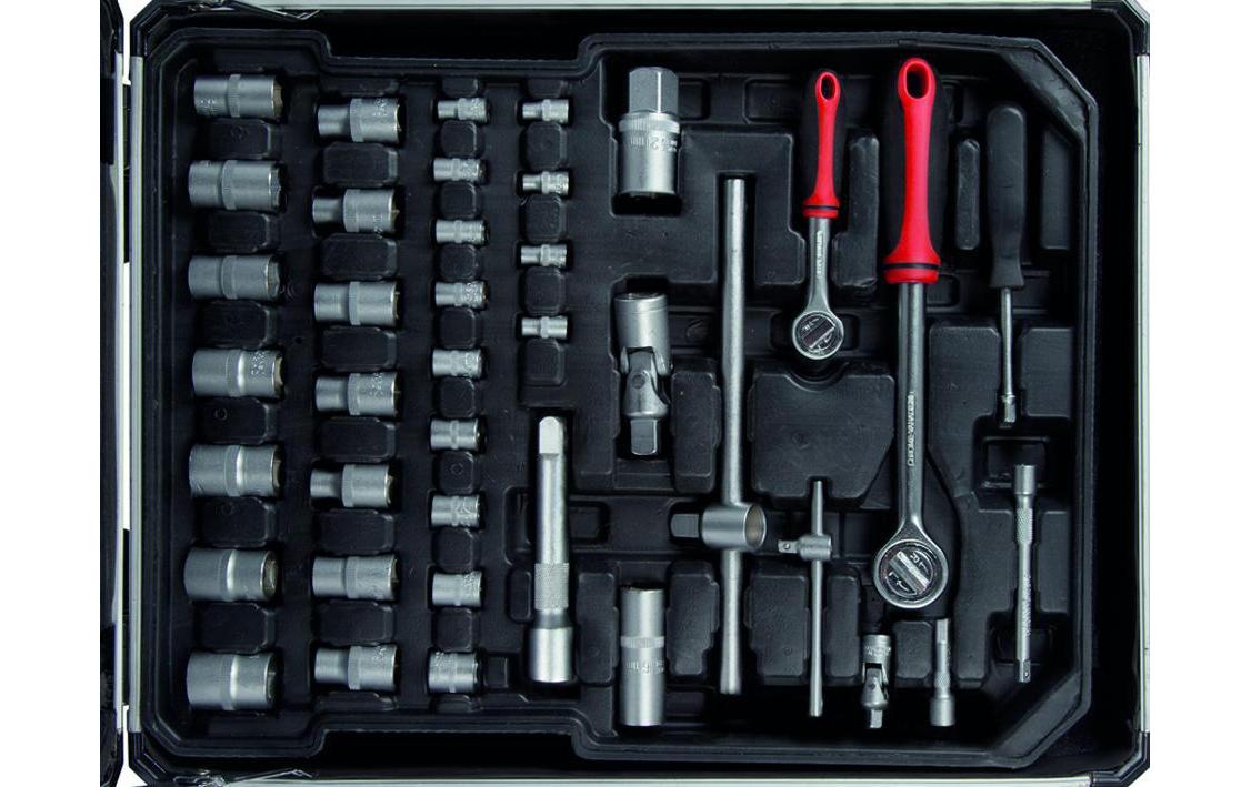 Toolland Werkzeugkasten, silber, Ausziehgriff, 2 Rollen, 4 Fächer, bestückt, 260-teilig
