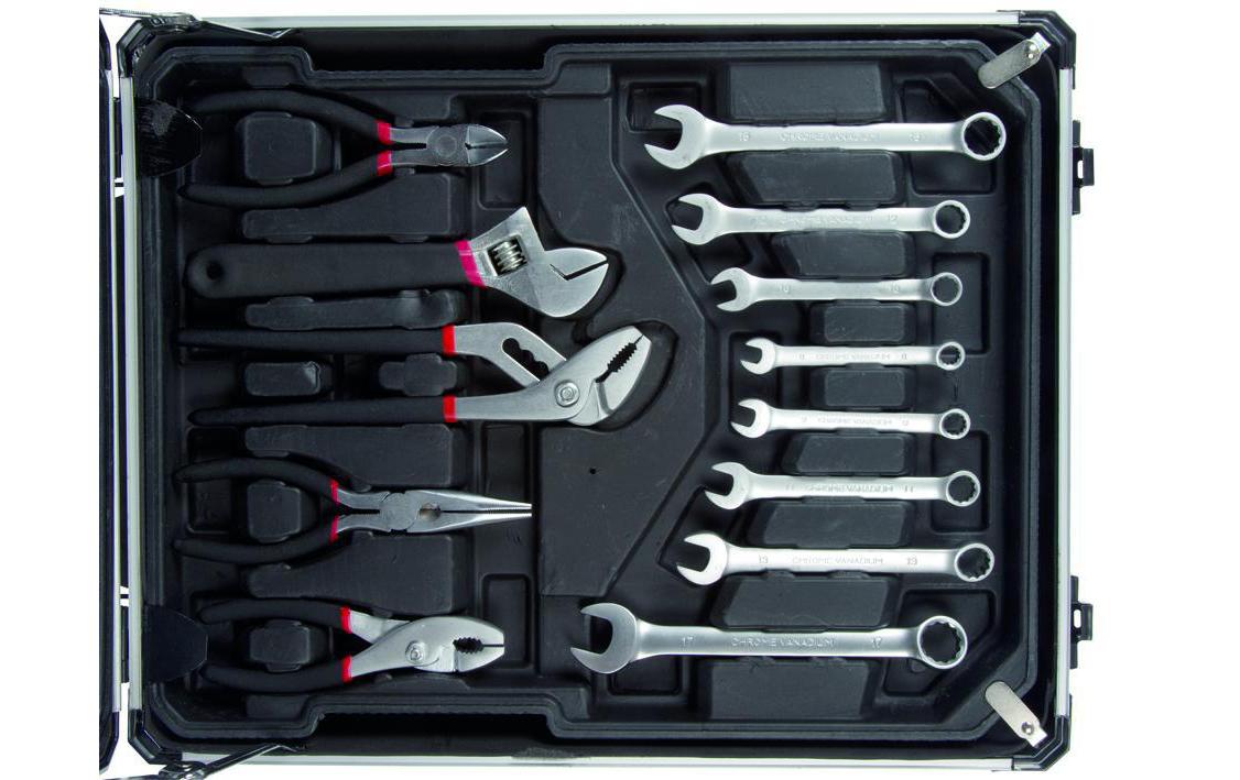 Toolland Werkzeugkasten, silber, Ausziehgriff, 2 Rollen, 4 Fächer, bestückt, 260-teilig