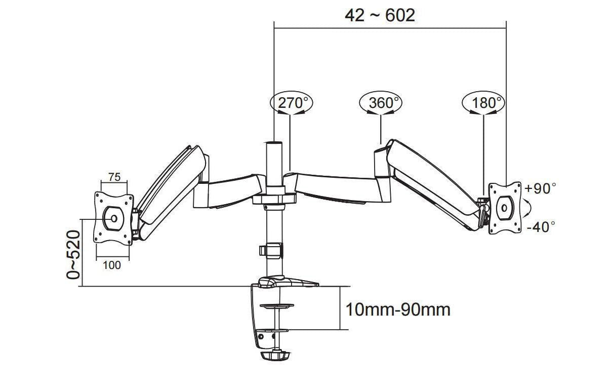 Neomounts Monitorarm, Dual, Tischklemme/Tischdurchführung, bis 27", höhenverstellbar, Gasfeder, Silber