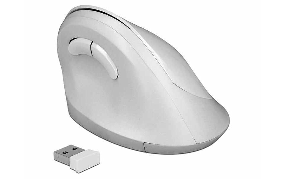 DeLOCK 12596 Ergonomische Maus – kabellos, 2,4 GHz, USB-A, für Rechtshänder, vertikal, Ein-/Ausschalter, weiss